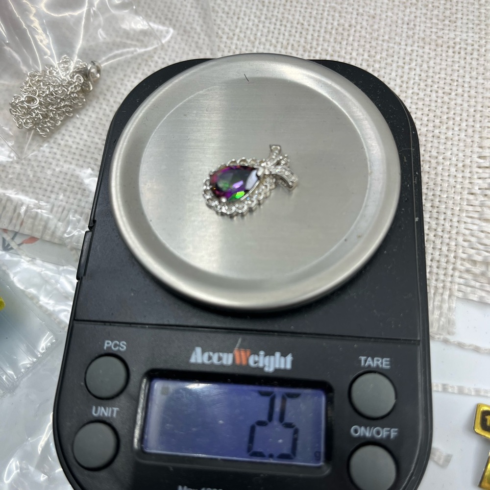 Vintage 10k White Gold Mystic Topaz & Diamond Pendant - 2.5g - Picture 15 of 15
